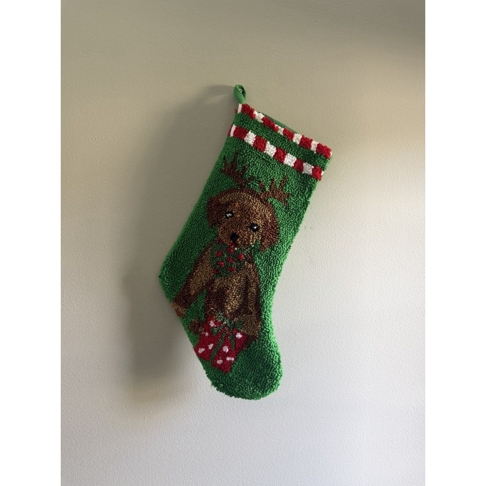 Christmas Stocking Reindeer Dog Needlepoint Hooked Green Holiday